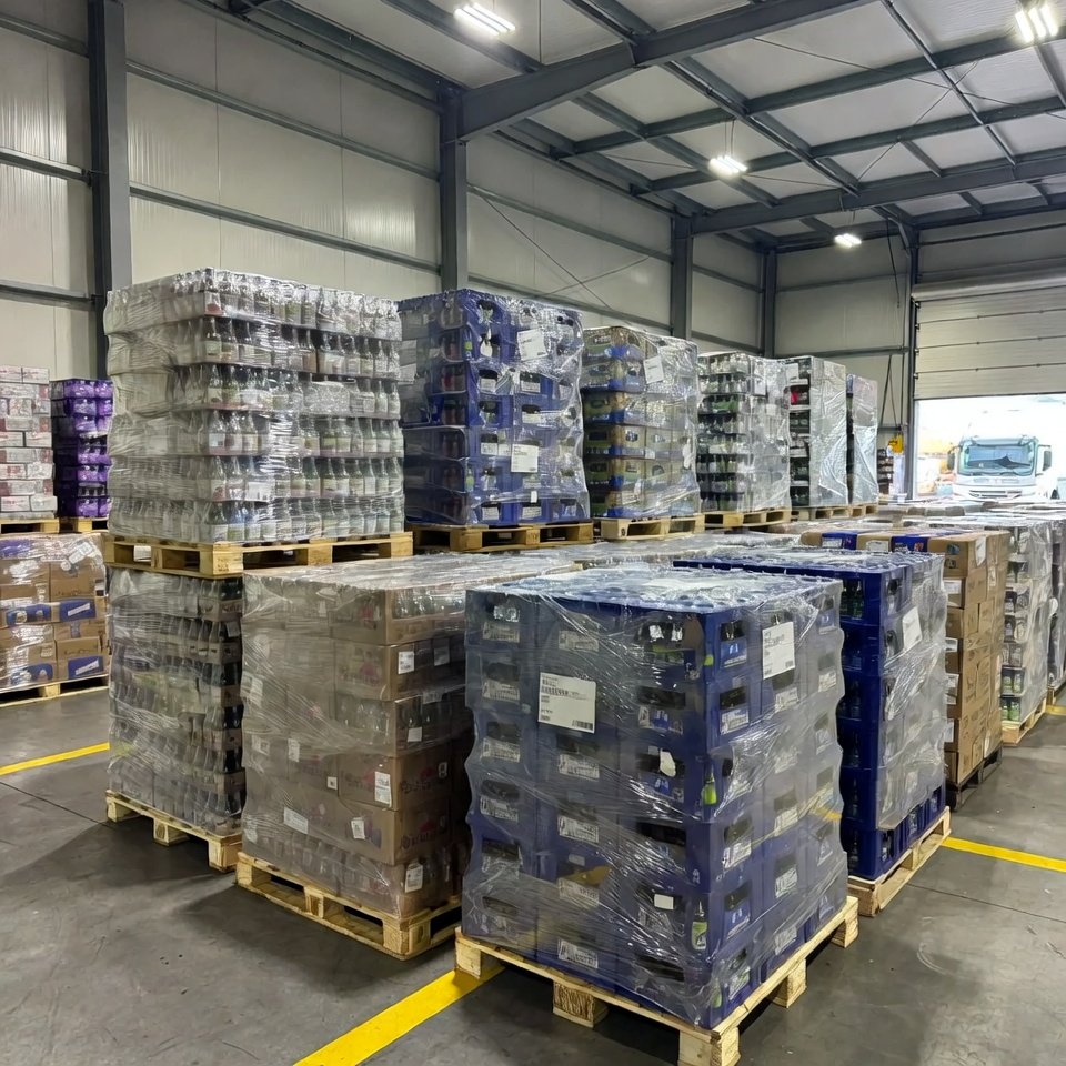 Palletized beverage shipments prepared for wholesale distribution across Europe
