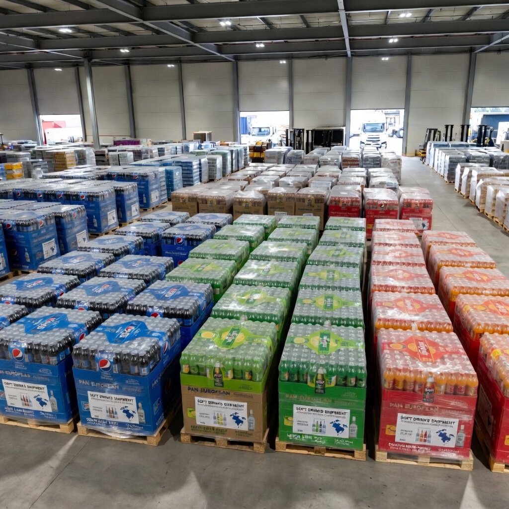 Shrink-wrapped beverage cartons secured for logistics and wholesale delivery