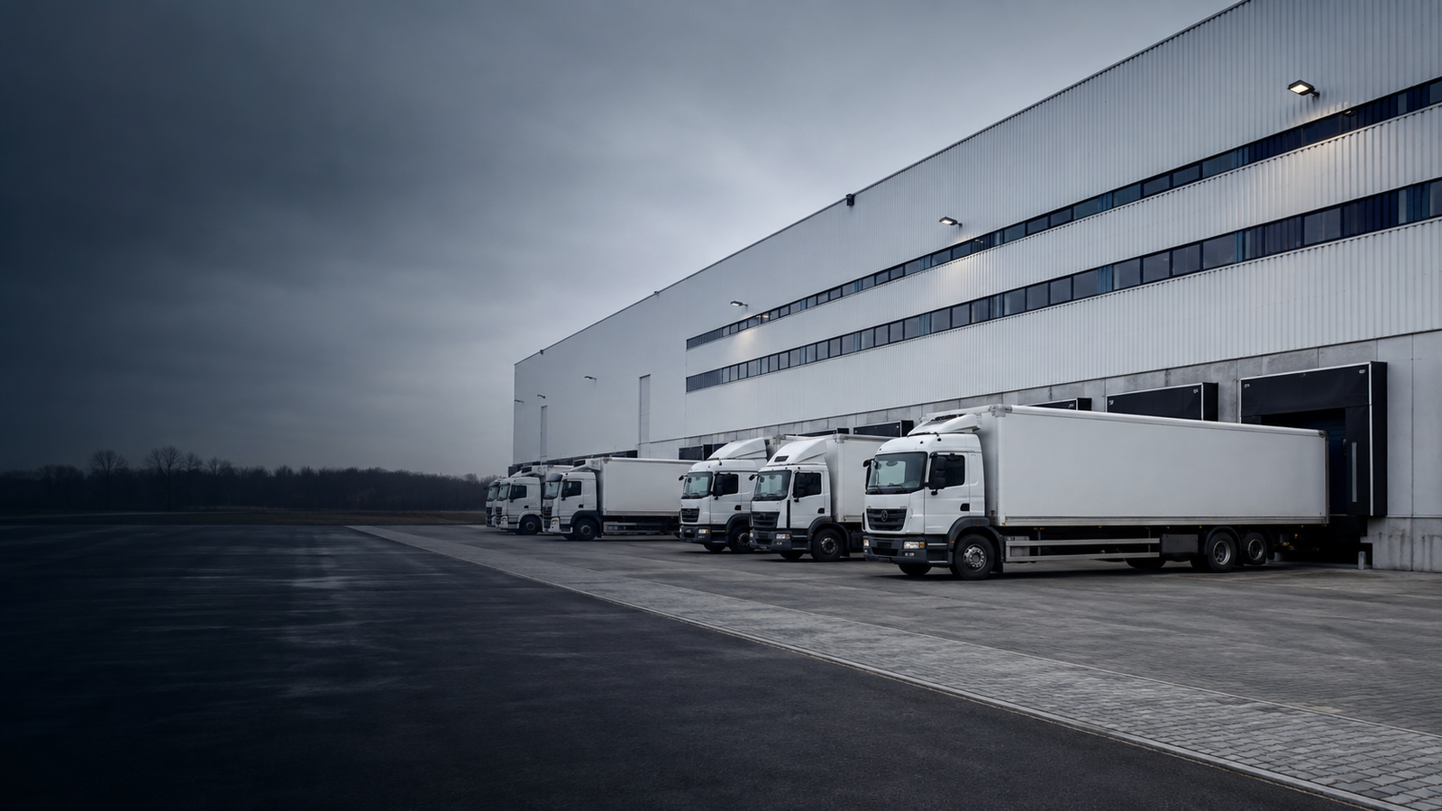 Beverage Supplier Denmark 3 Illustrative freight trucks at a European warehouse loading area